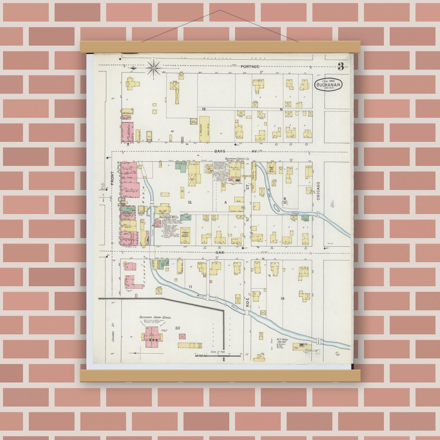 Old map wall art mockup — magnetic wood frame on brick wall — Sanborn Fire Insurance Map from Buchanan, Berrien County, Michigan (1895), Sheet #0003
