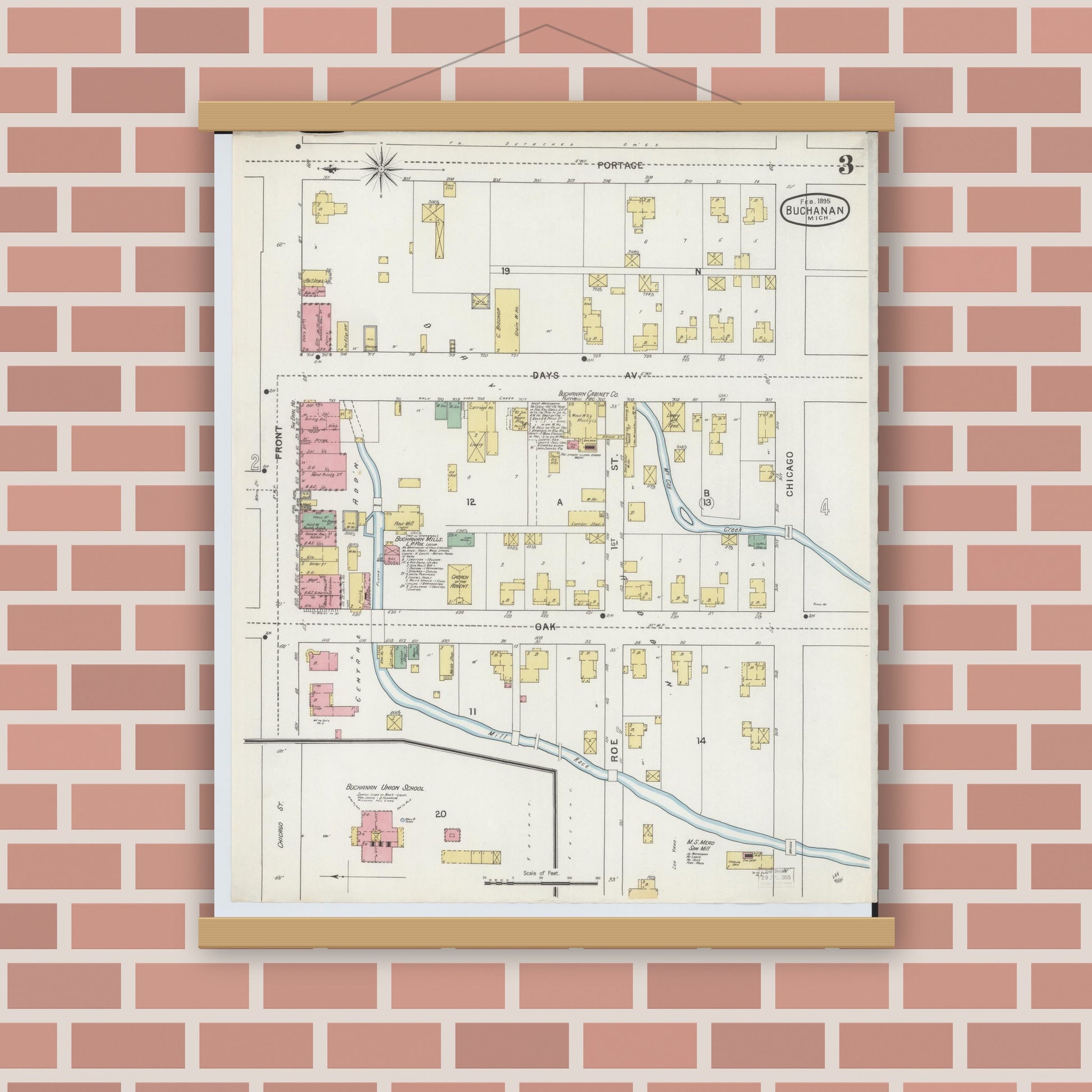 Old map wall art mockup — magnetic wood frame on brick wall — Sanborn Fire Insurance Map from Buchanan, Berrien County, Michigan (1895), Sheet #0003