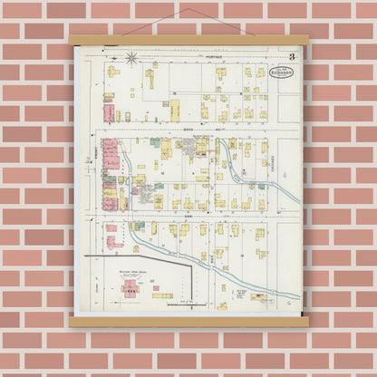 Old map wall art mockup — magnetic wood frame on brick wall — Sanborn Fire Insurance Map from Buchanan, Berrien County, Michigan (1895), Sheet #0003
