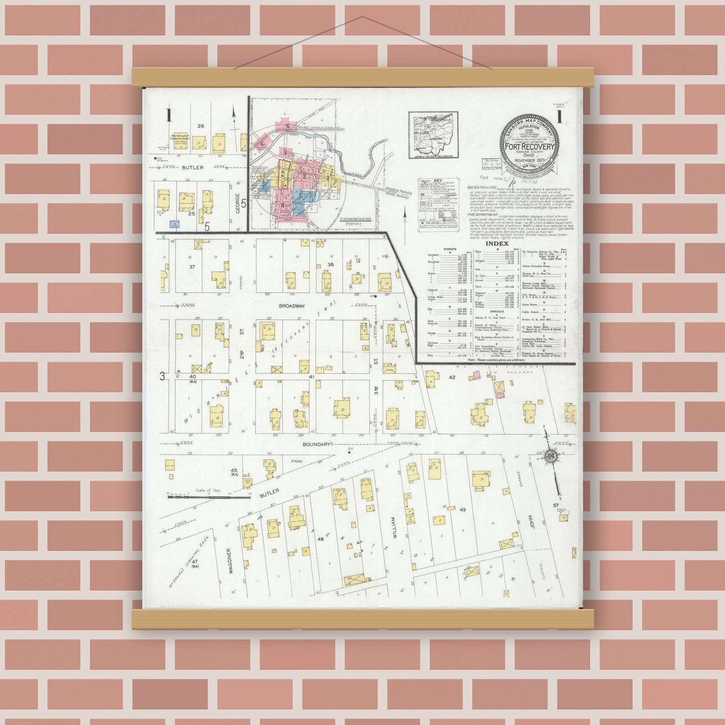 Old map wall art mockup — magnetic wood frame on brick wall — Sanborn Fire Insurance Map from Fort Recovery, Mercer County, Ohio (1927), Sheet #0001