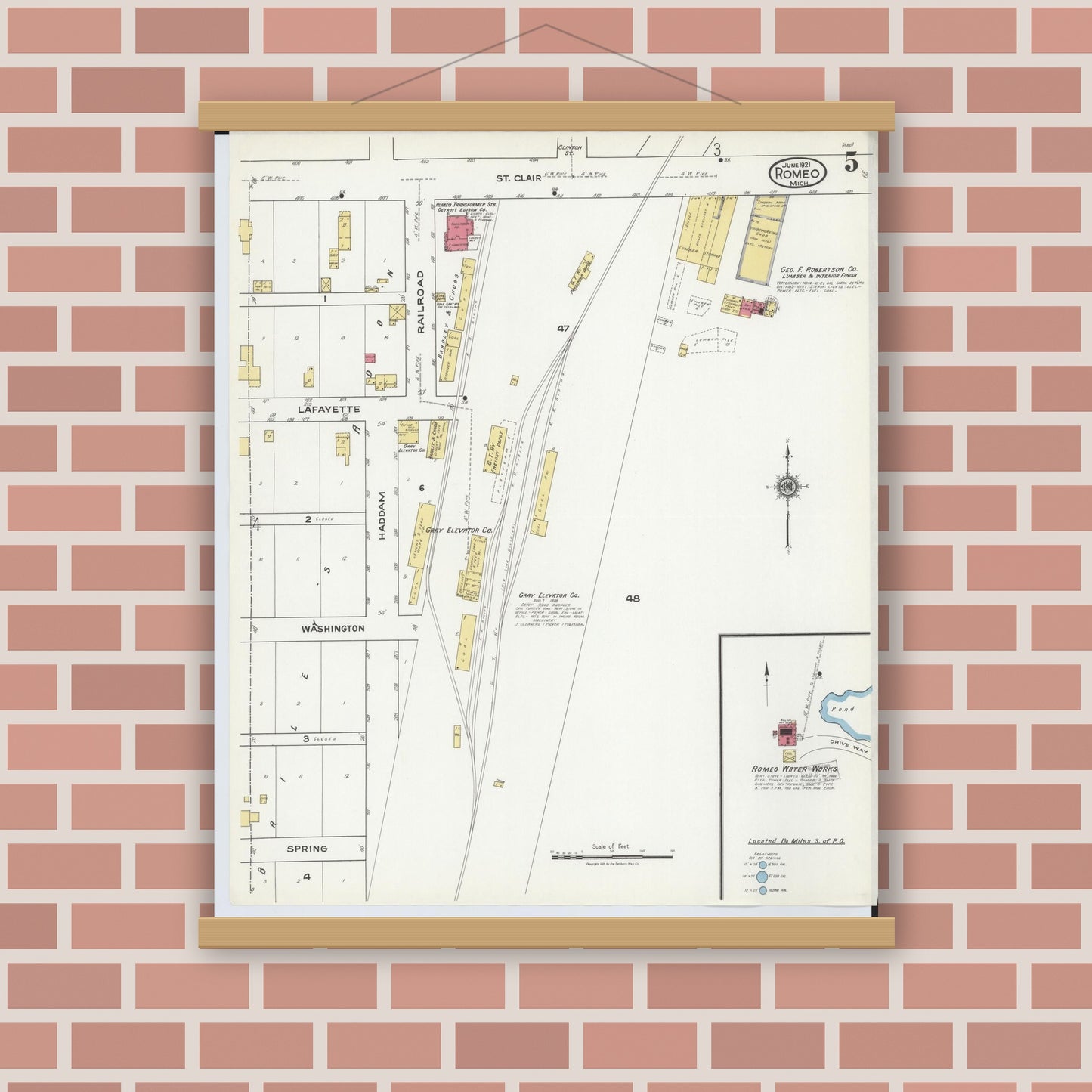Old map wall art mockup — magnetic wood frame on brick wall — Sanborn Fire Insurance Map from Romeo, Macomb County, Michigan (1921), Sheet #0005