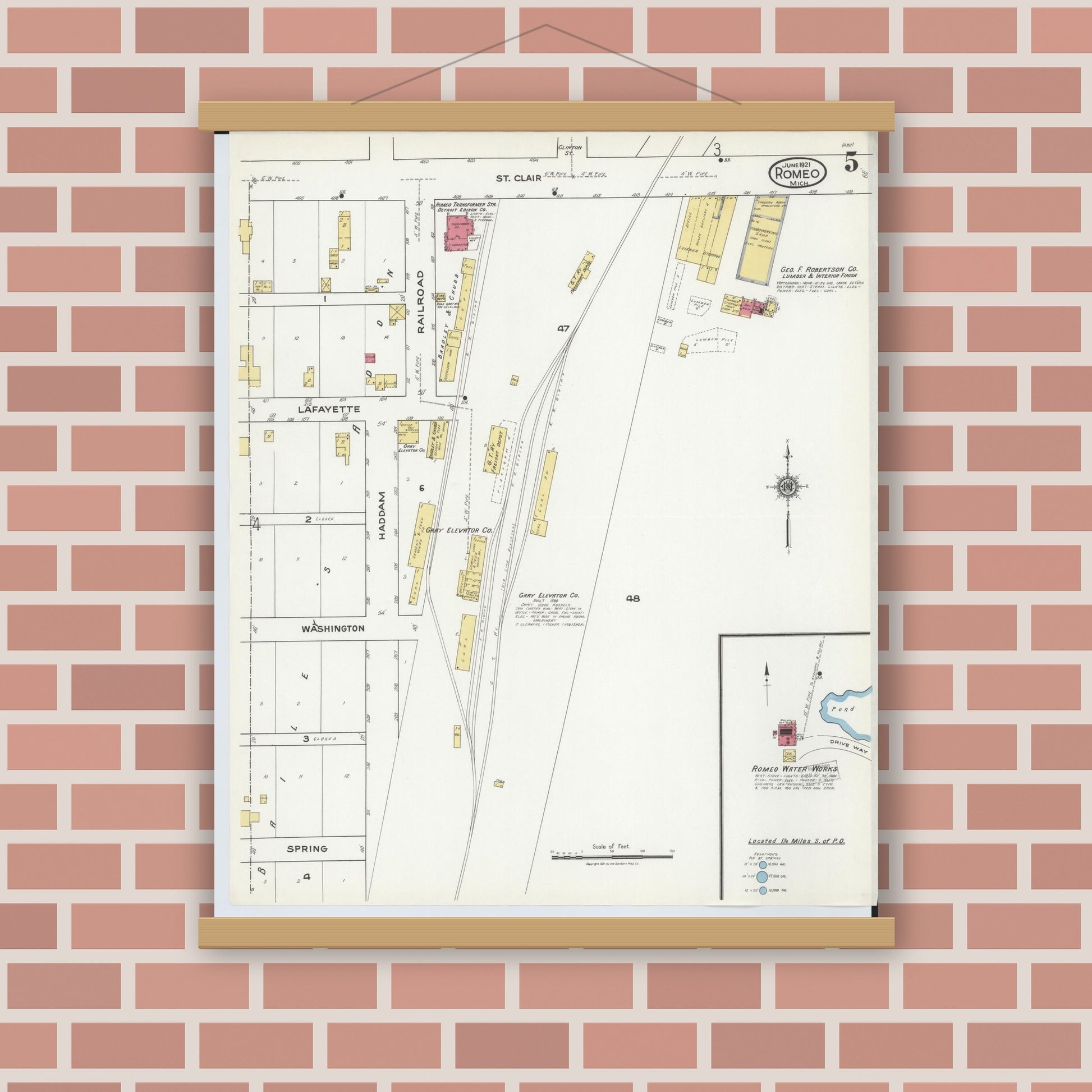 Old map wall art mockup — magnetic wood frame on brick wall — Sanborn Fire Insurance Map from Romeo, Macomb County, Michigan (1921), Sheet #0005