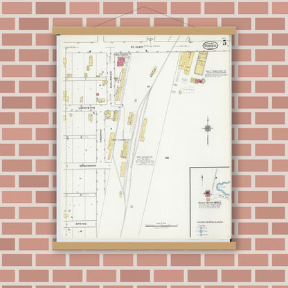 Old map wall art mockup — magnetic wood frame on brick wall — Sanborn Fire Insurance Map from Romeo, Macomb County, Michigan (1921), Sheet #0005
