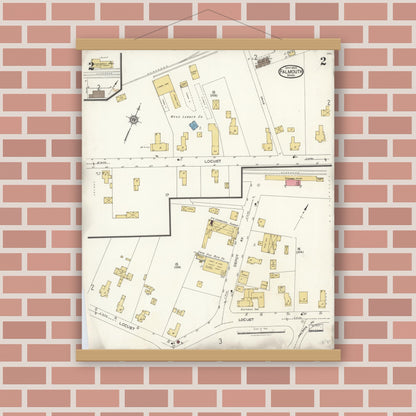 Old map wall art mockup — magnetic wood frame on brick wall — Sanborn Fire Insurance Map from Falmouth, Barnstable County, Massachusetts (1923), Sheet #0002