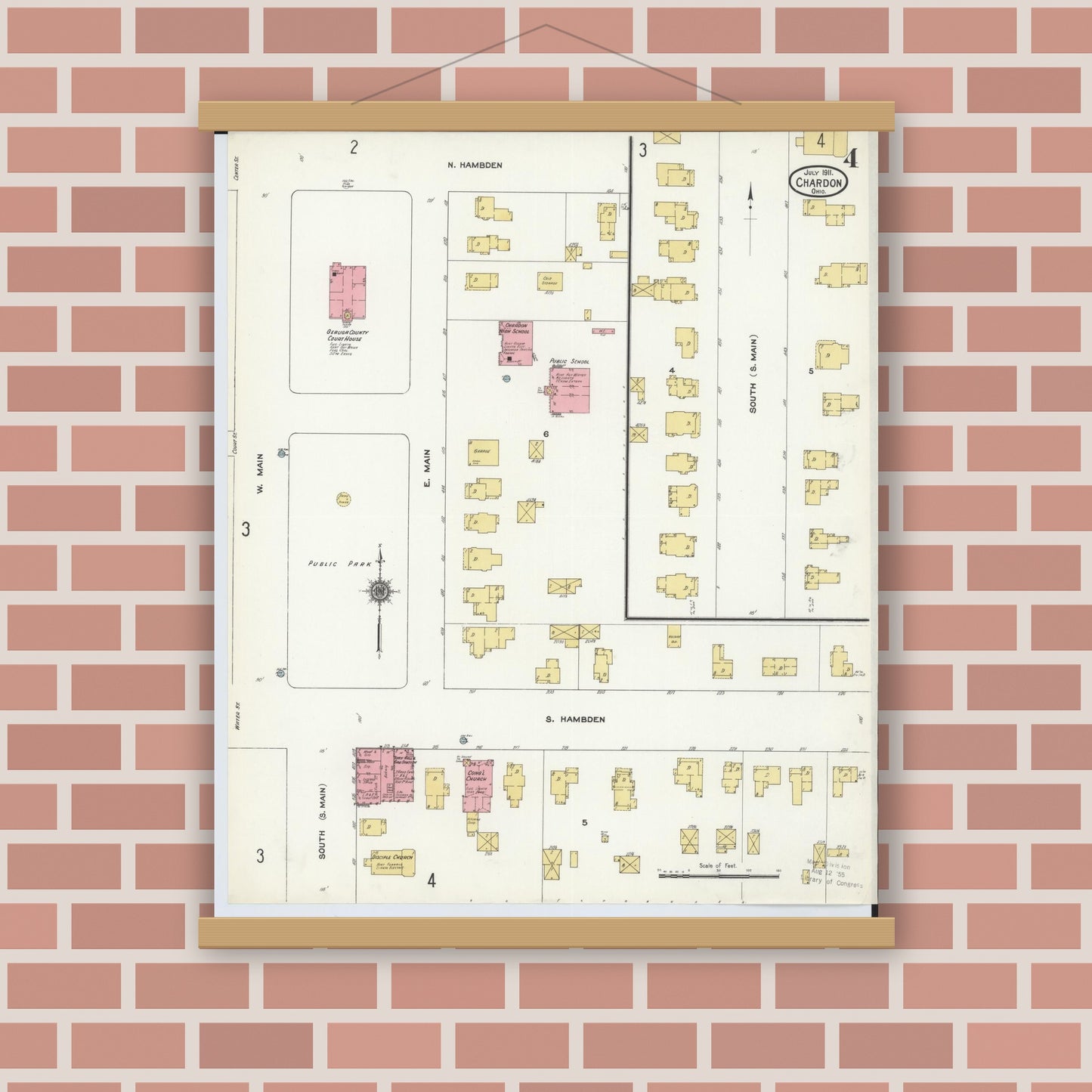 Old map wall art mockup — magnetic wood frame on brick wall — Sanborn Fire Insurance Map from Chardon, Geauga County, Ohio (1911), Sheet #0004