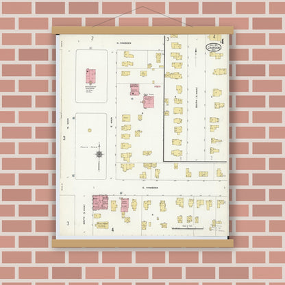 Old map wall art mockup — magnetic wood frame on brick wall — Sanborn Fire Insurance Map from Chardon, Geauga County, Ohio (1911), Sheet #0004