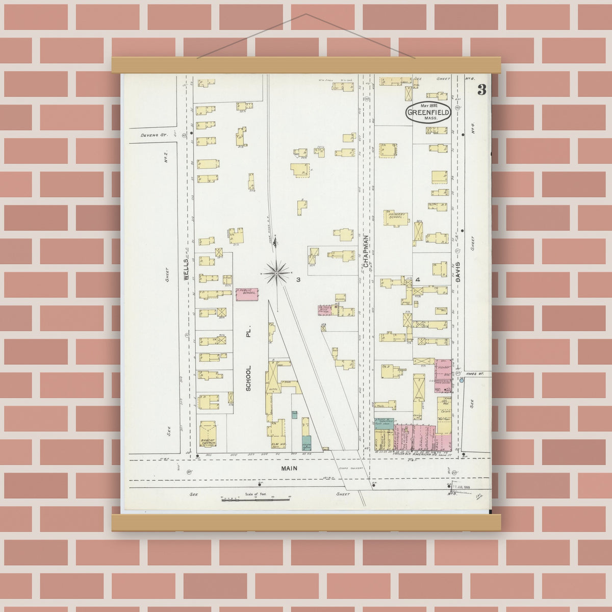 Old map wall art mockup — magnetic wood frame on brick wall — Sanborn Fire Insurance Map from Greenfield, Franklin County, Massachusetts (1892), Sheet #0003