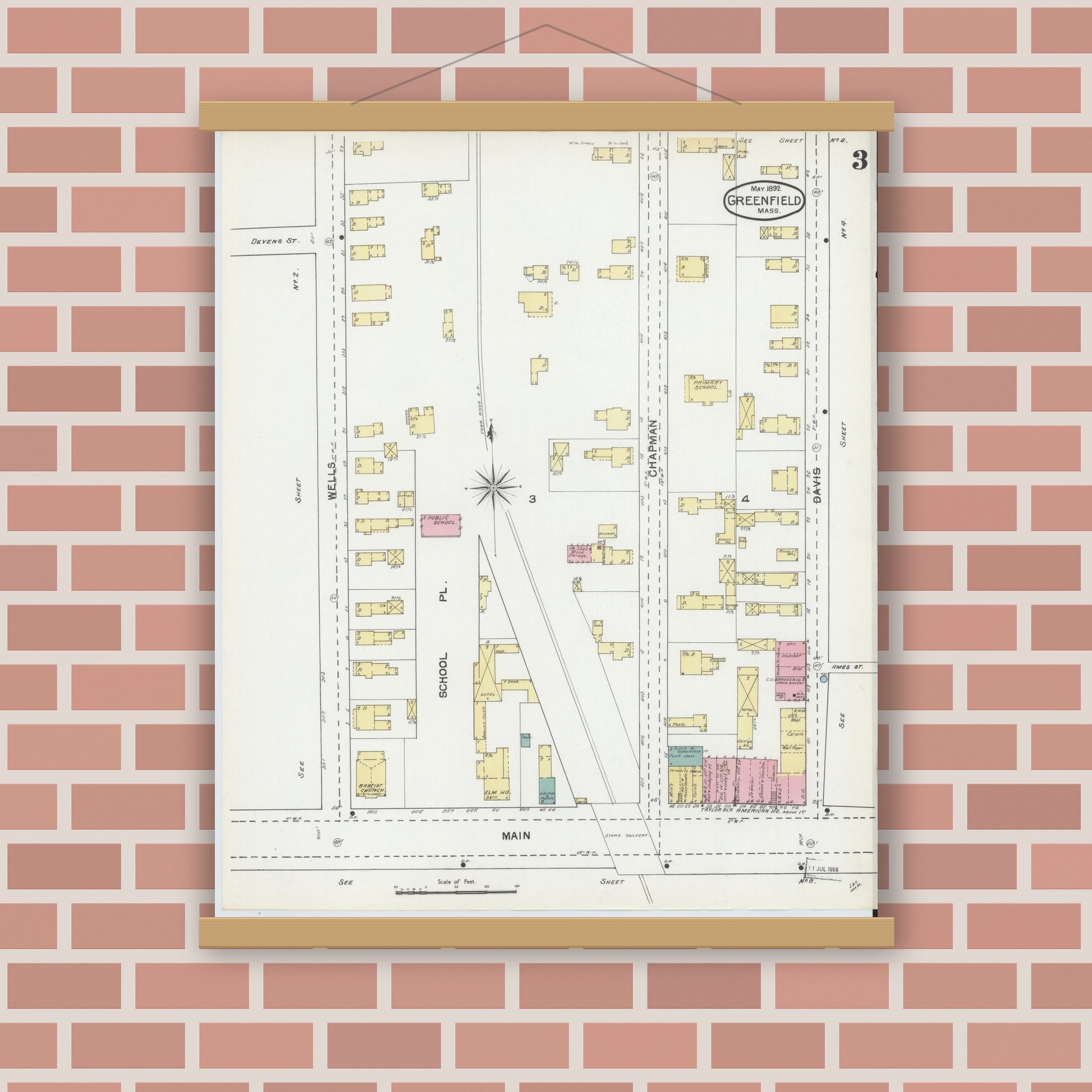 Old map wall art mockup — magnetic wood frame on brick wall — Sanborn Fire Insurance Map from Greenfield, Franklin County, Massachusetts (1892), Sheet #0003