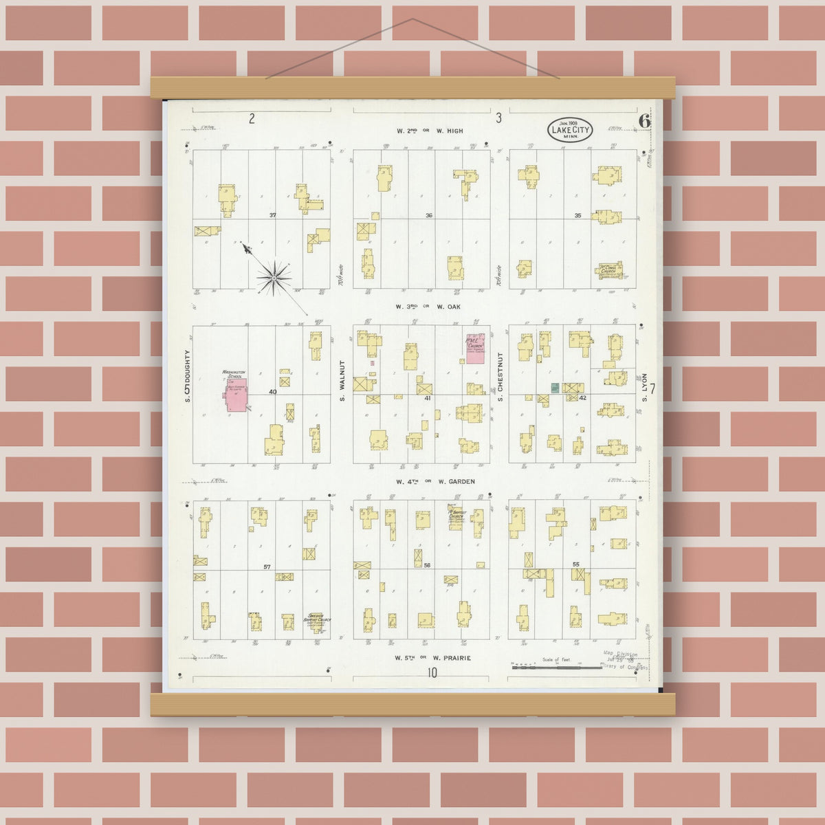 Old map wall art mockup — magnetic wood frame on brick wall — Sanborn Fire Insurance Map from Lake City, Wabasha County, Minnesota (1909), Sheet #0006