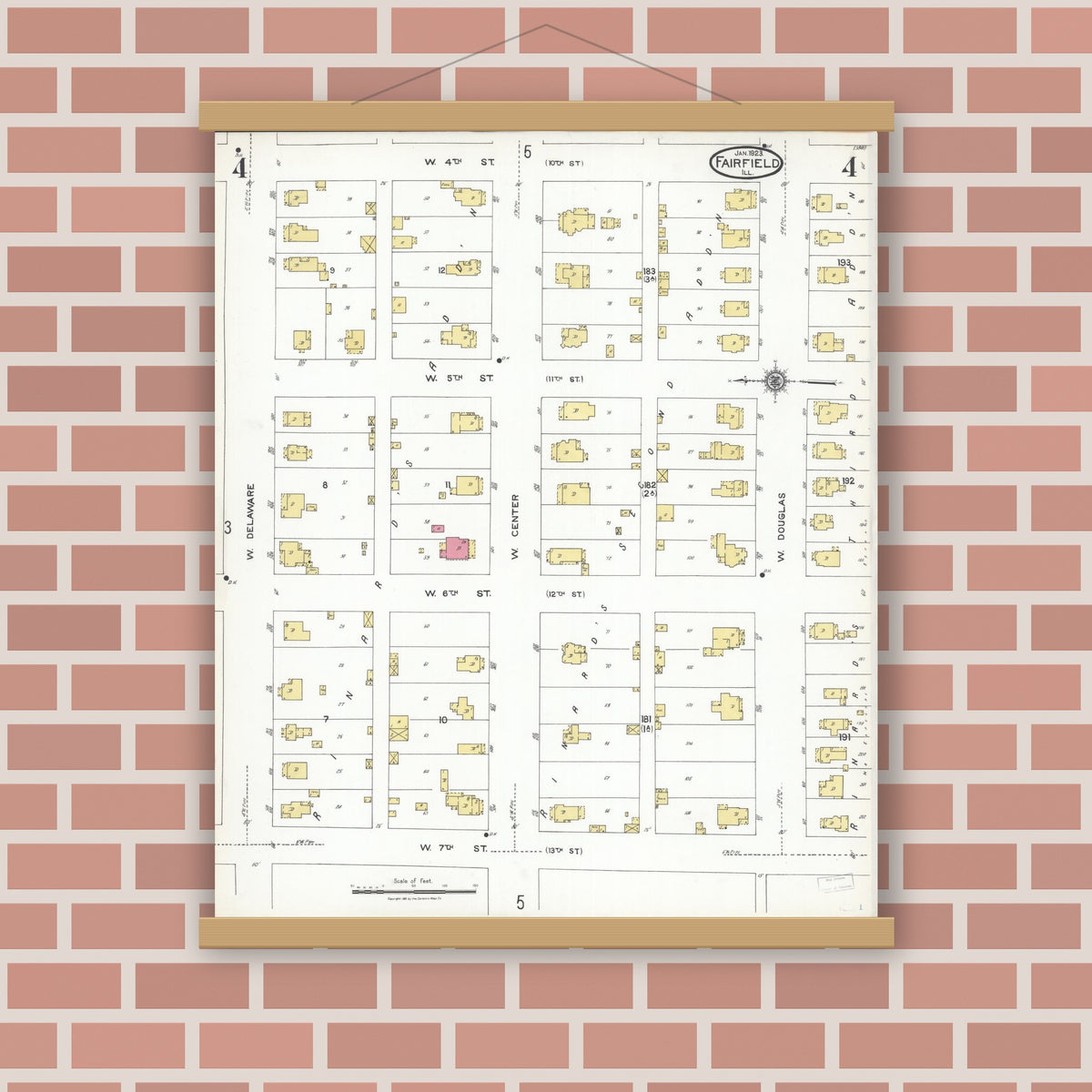Old map wall art mockup — magnetic wood frame on brick wall — Sanborn Fire Insurance Map from Fairfield, Wayne County, Illinois (1923), Sheet #0004