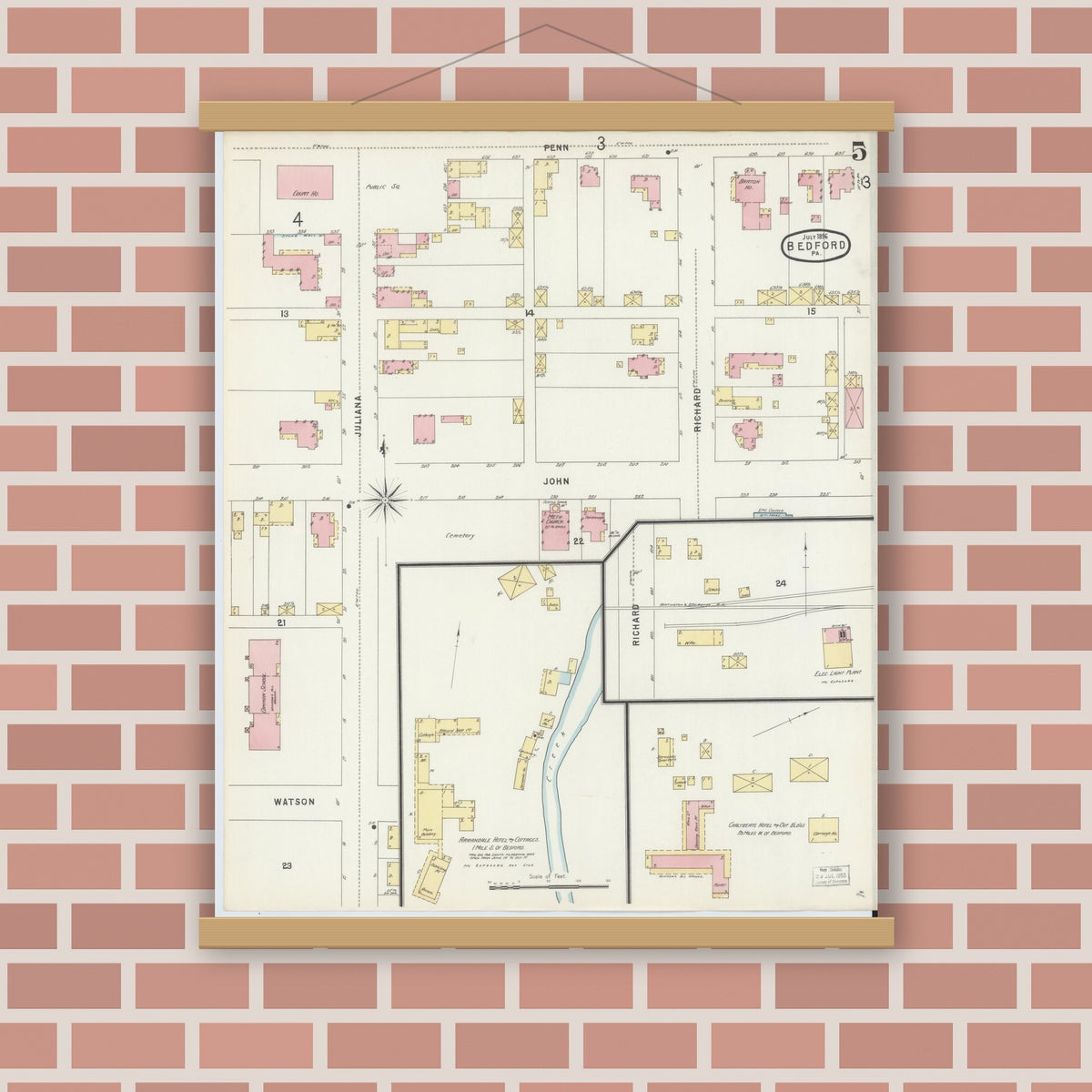 Old map wall art mockup — magnetic wood frame on brick wall — Sanborn Fire Insurance Map from Bedford, Bedford County, Pennsylvania (1896), Sheet #0005