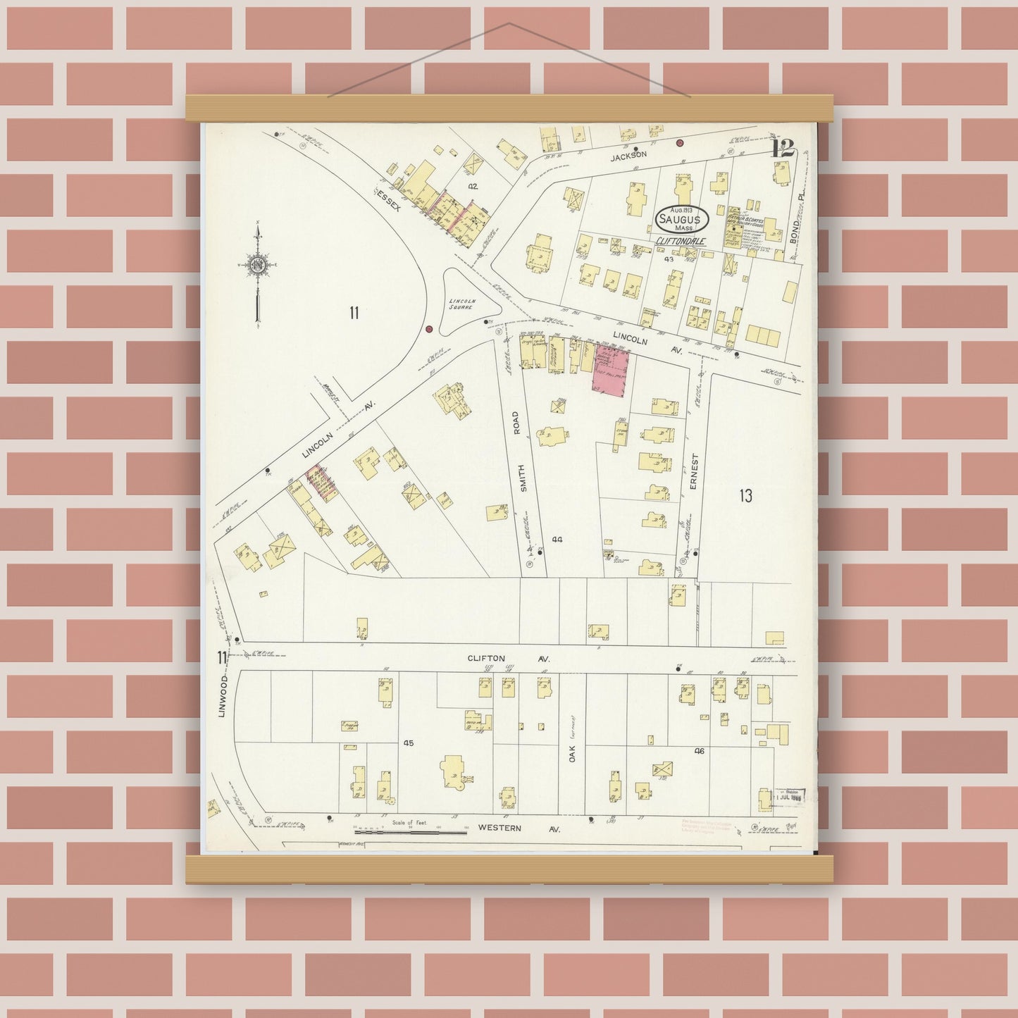 Old map wall art mockup — magnetic wood frame on brick wall — Sanborn Fire Insurance Map from Saugus, Essex County, Massachusetts (1913), Sheet #0012