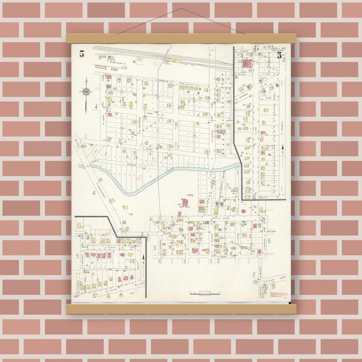 Old map wall art mockup — magnetic wood frame on brick wall — Sanborn Fire Insurance Map from Union, Franklin County, Missouri (1935), Sheet #0005