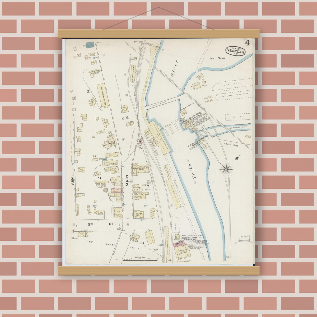 Old map wall art mockup — magnetic wood frame on brick wall — Sanborn Fire Insurance Map from Necedah, Juneau County, Wisconsin (1885), Sheet #0004
