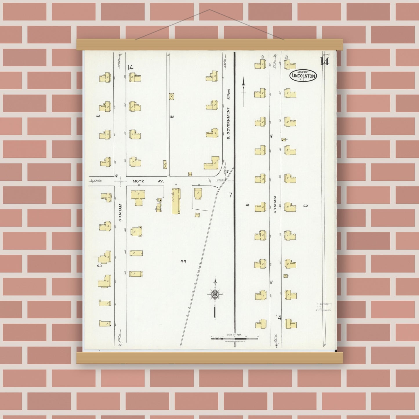 Old map wall art mockup — magnetic wood frame on brick wall — Sanborn Fire Insurance Map from Lincolnton, Lincoln County, North Carolina (1921), Sheet #0014