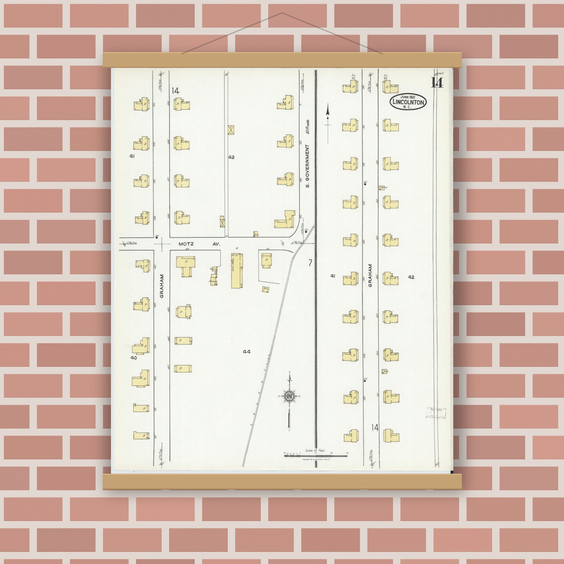 Old map wall art mockup — magnetic wood frame on brick wall — Sanborn Fire Insurance Map from Lincolnton, Lincoln County, North Carolina (1921), Sheet #0014