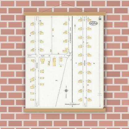 Old map wall art mockup — magnetic wood frame on brick wall — Sanborn Fire Insurance Map from Lincolnton, Lincoln County, North Carolina (1921), Sheet #0014