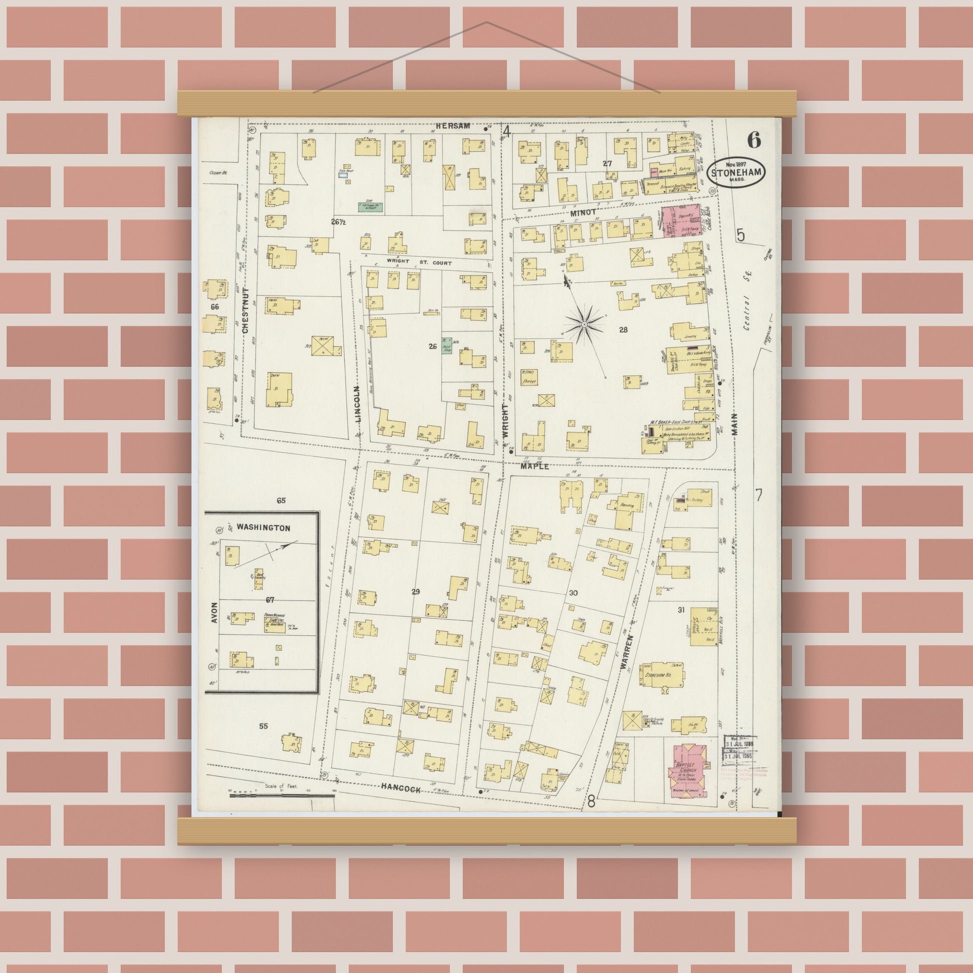 Old map wall art mockup — magnetic wood frame on brick wall — Sanborn Fire Insurance Map from Stoneham, Middlesex County, Massachusetts (1897), Sheet #0006