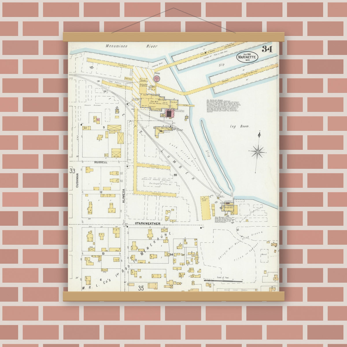 Old map wall art mockup — magnetic wood frame on brick wall — Sanborn Fire Insurance Map from Marinette, Marinette County, Wisconsin (1901), Sheet #0034