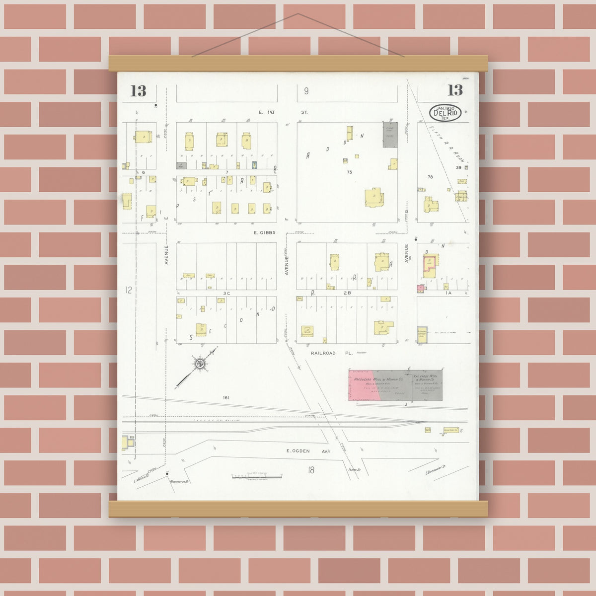 Old map wall art mockup — magnetic wood frame on brick wall — Sanborn Fire Insurance Map from Del Rio, Val Verde County, Texas (1930), Sheet #0013
