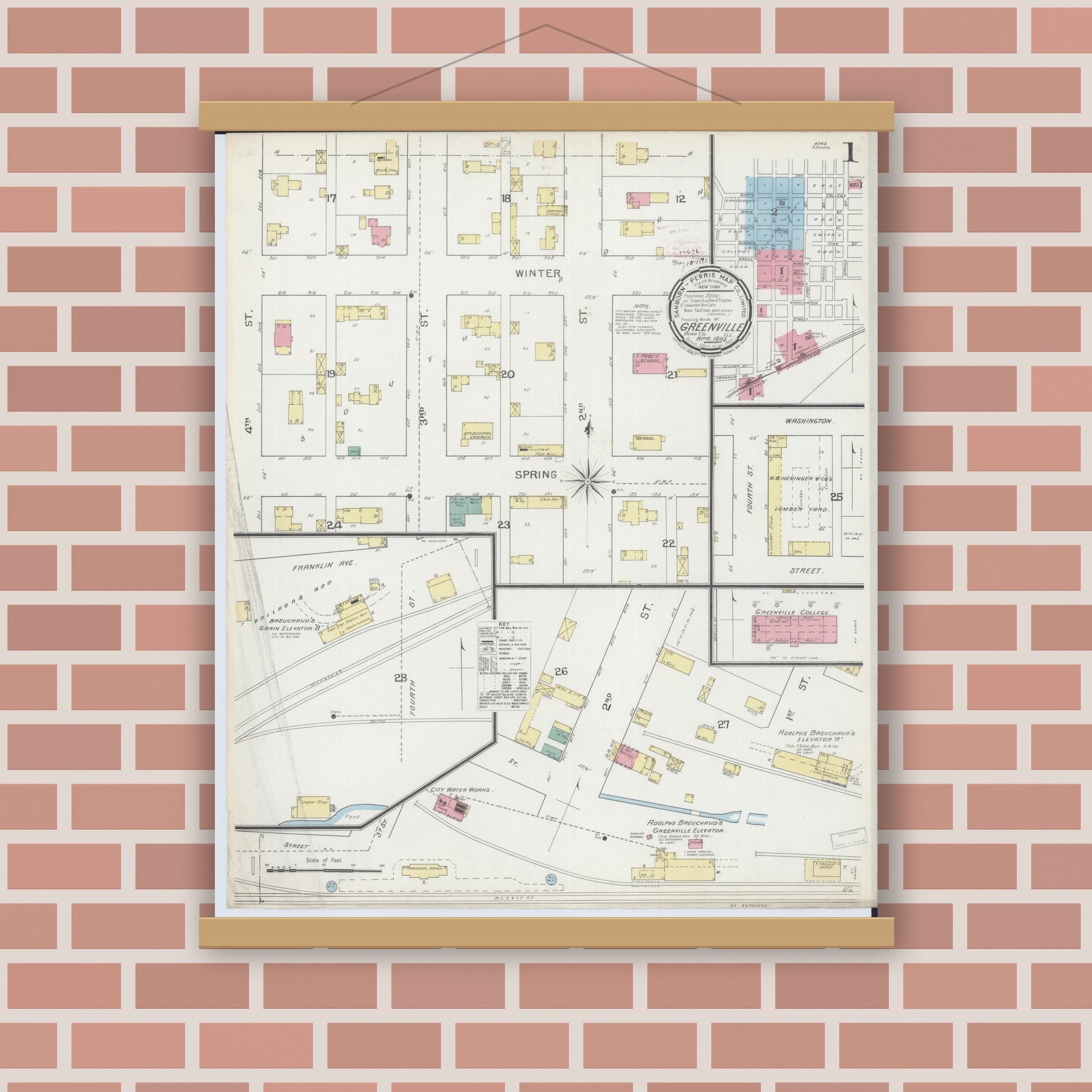 Old map wall art mockup — magnetic wood frame on brick wall — Sanborn Fire Insurance Map from Greenville, Bond County, Illinois (1893) - Complete Map Set
