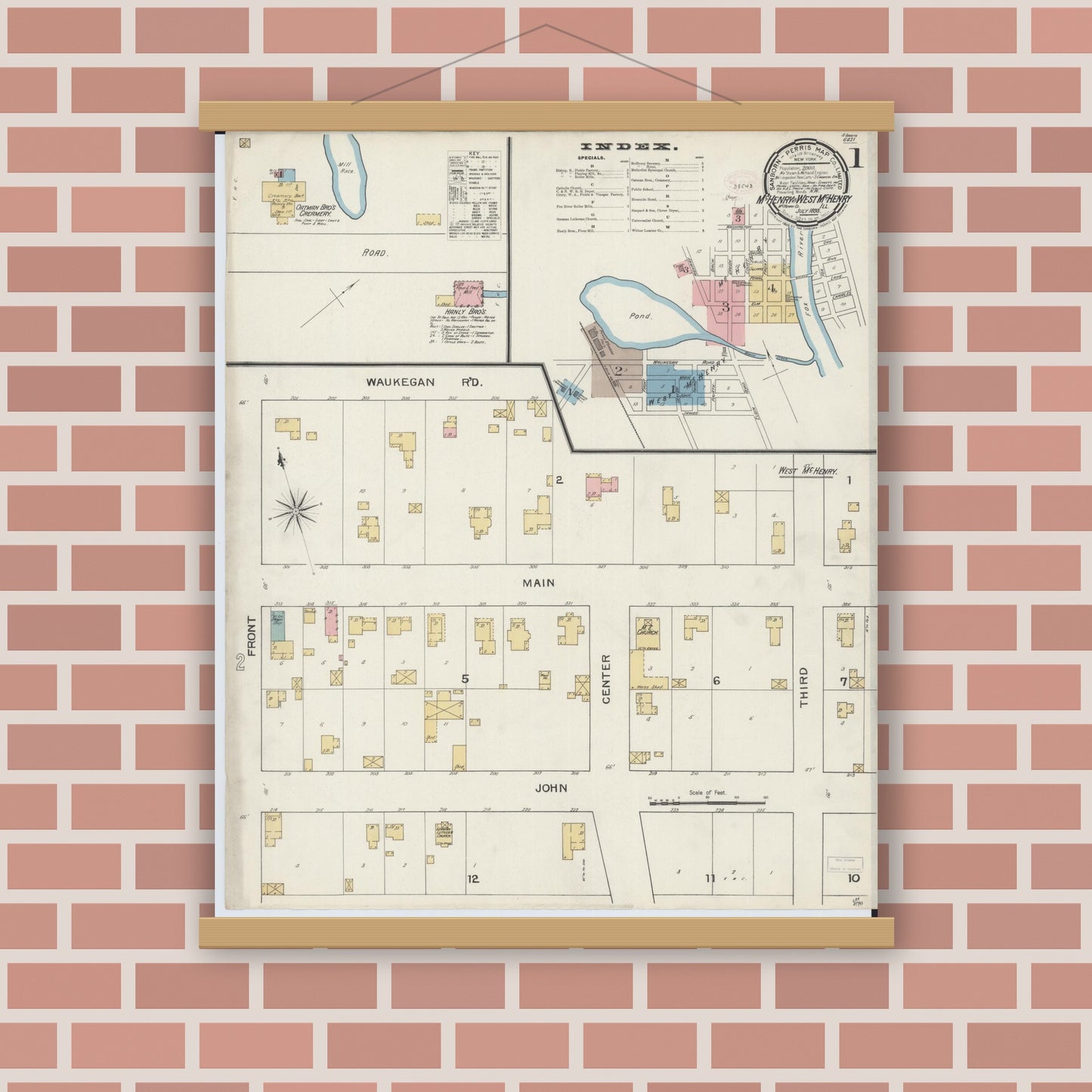 Old map wall art mockup — magnetic wood frame on brick wall — Sanborn Fire Insurance Map from McHenry, McHenry County, Illinois (1893), Sheet #0001