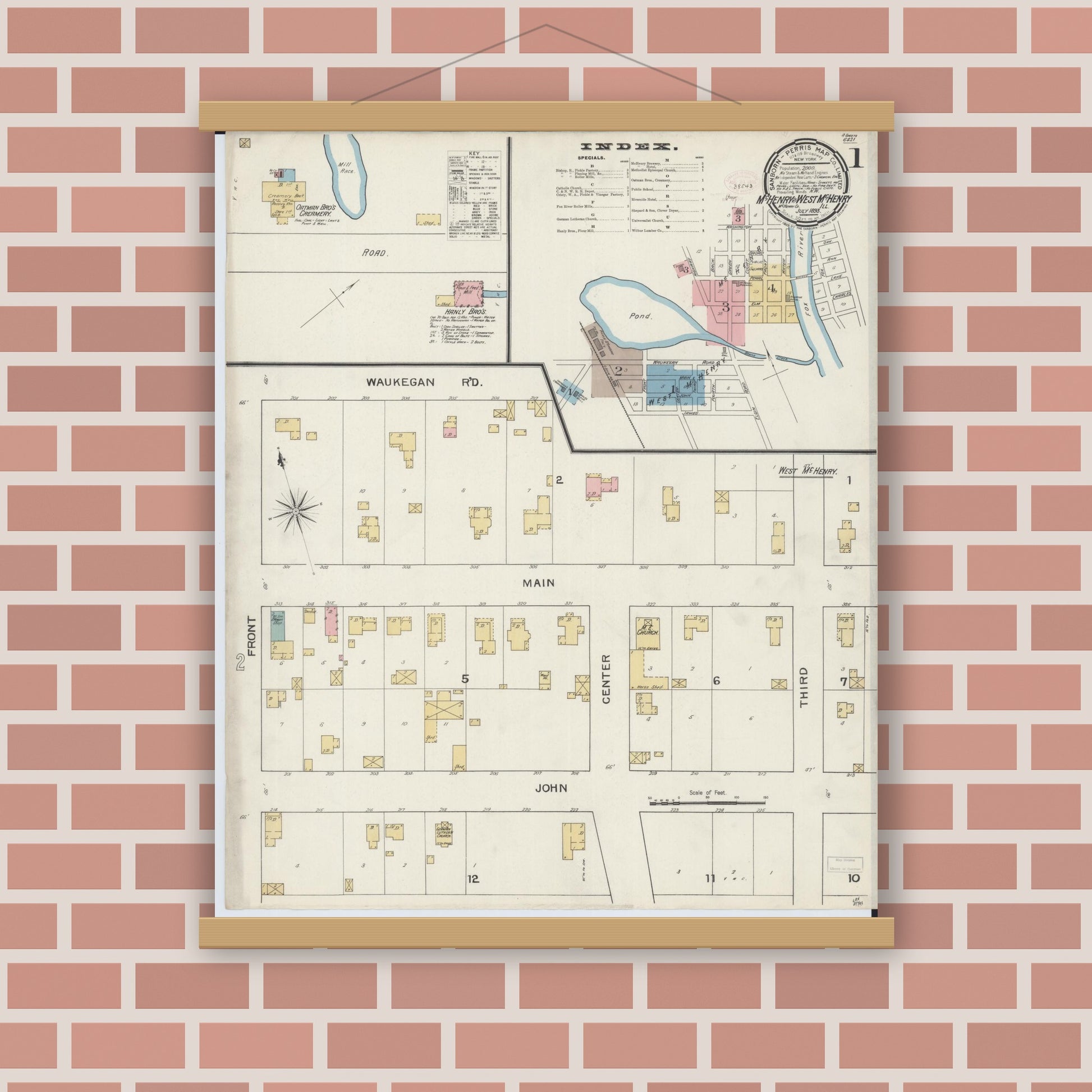 Old map wall art mockup — magnetic wood frame on brick wall — Sanborn Fire Insurance Map from McHenry, McHenry County, Illinois (1893), Sheet #0001