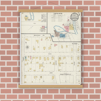 Old map wall art mockup — magnetic wood frame on brick wall — Sanborn Fire Insurance Map from McHenry, McHenry County, Illinois (1893), Sheet #0001