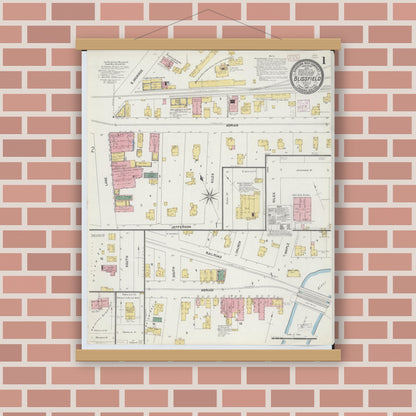 Old map wall art mockup — magnetic wood frame on brick wall — Sanborn Fire Insurance Map from Blissfield, Lenawee County, Michigan (1907), Sheet #0001
