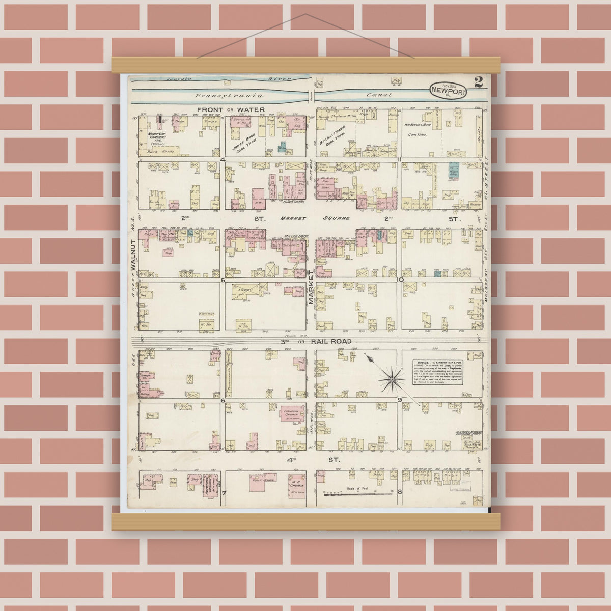 Old map wall art mockup — magnetic wood frame on brick wall — Sanborn Fire Insurance Map from Newport, Perry County, Pennsylvania (1884), Sheet #0002
