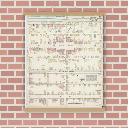 Old map wall art mockup — magnetic wood frame on brick wall — Sanborn Fire Insurance Map from Newport, Perry County, Pennsylvania (1884), Sheet #0002