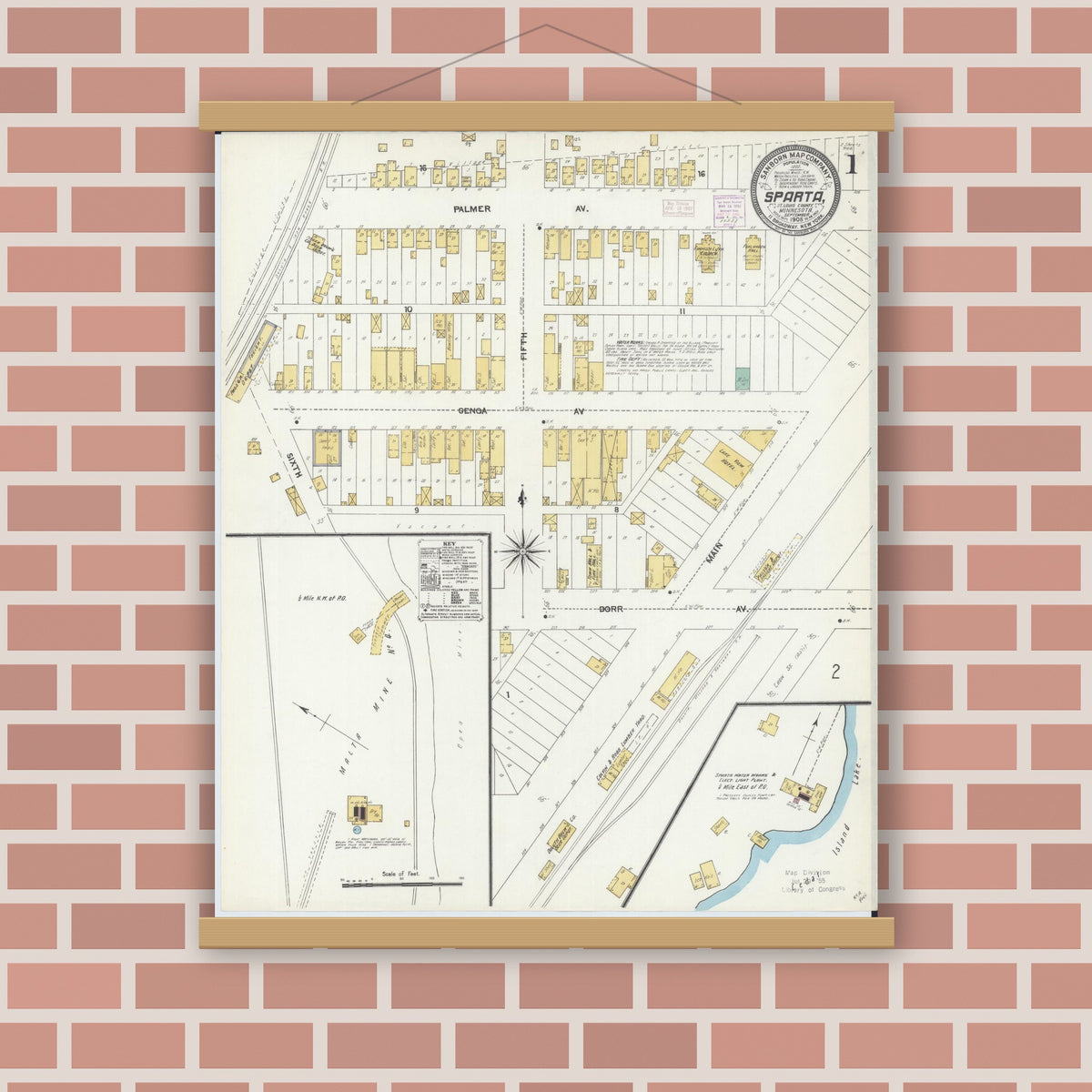 Old map wall art mockup — magnetic wood frame on brick wall — Sanborn Fire Insurance Map from Sparta, Saint Louis County, Minnesota (1906) - Complete Map Set