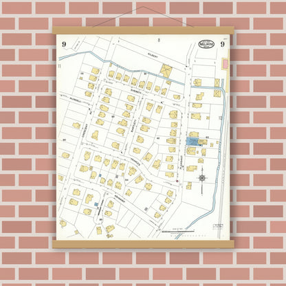 Old map wall art mockup — magnetic wood frame on brick wall — Sanborn Fire Insurance Map from Melrose, Middlesex County, Massachusetts (1923), Sheet #0009