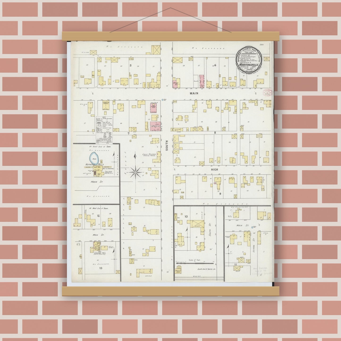 Old map wall art mockup — magnetic wood frame on brick wall — Sanborn Fire Insurance Map from Martinsville, Clinton County, Ohio (1895), Sheet #0001