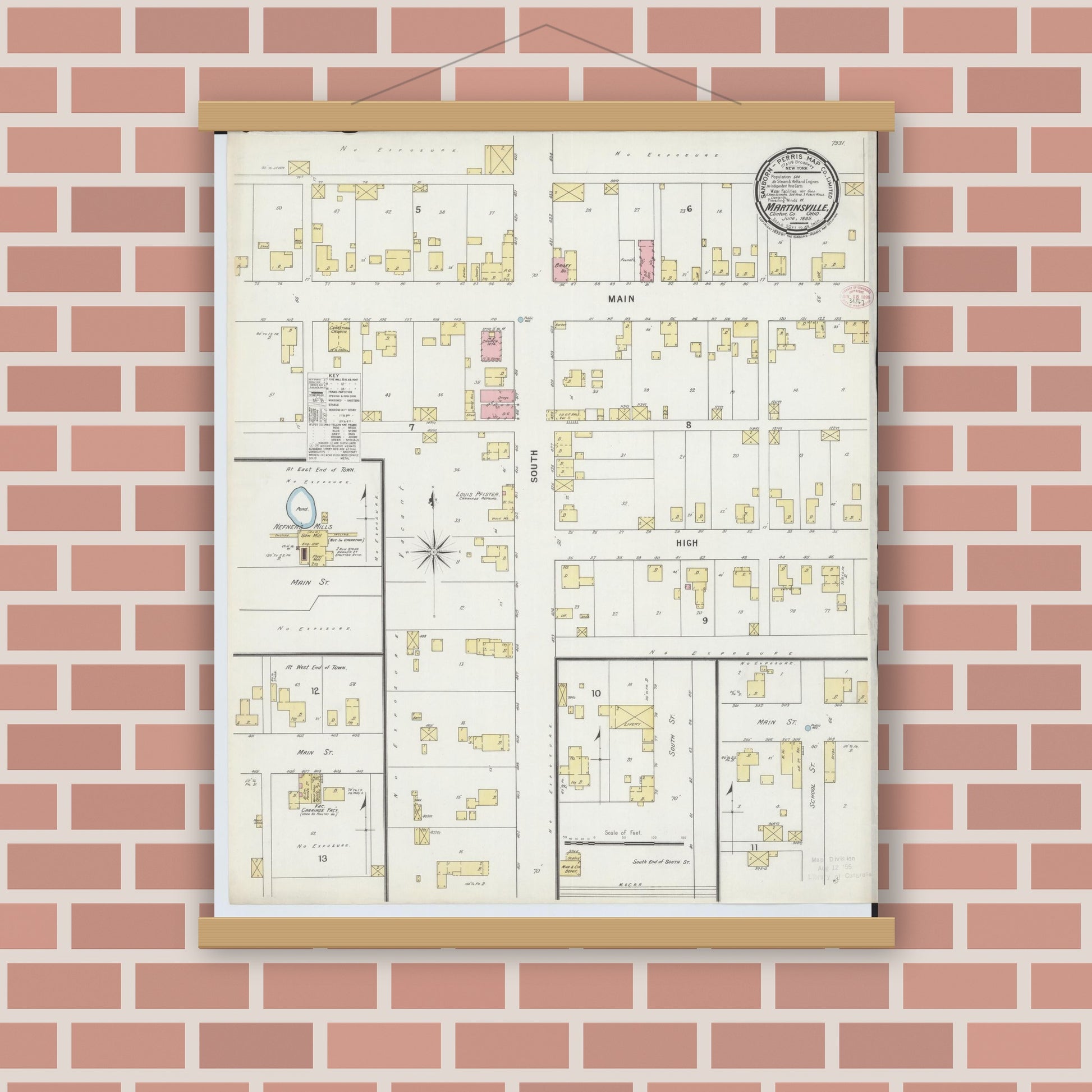 Old map wall art mockup — magnetic wood frame on brick wall — Sanborn Fire Insurance Map from Martinsville, Clinton County, Ohio (1895), Sheet #0001