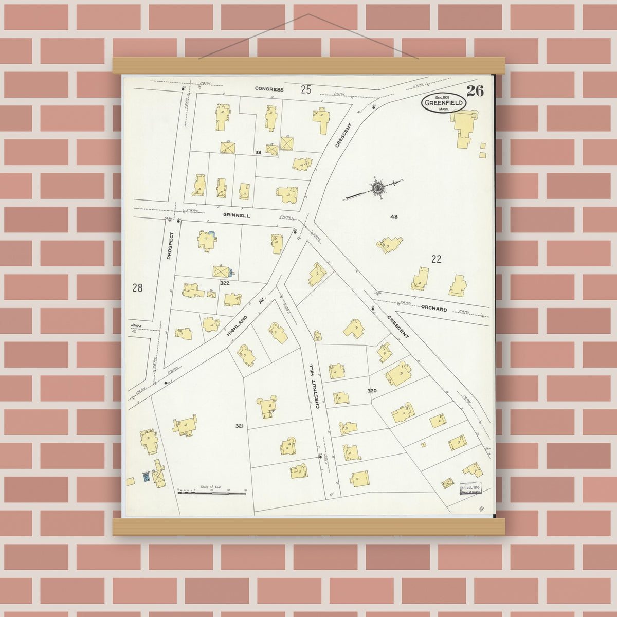 Old map wall art mockup — magnetic wood frame on brick wall — Sanborn Fire Insurance Map from Greenfield, Franklin County, Massachusetts (1909), Sheet #0026
