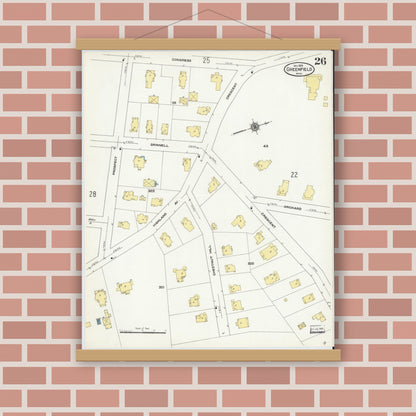 Old map wall art mockup — magnetic wood frame on brick wall — Sanborn Fire Insurance Map from Greenfield, Franklin County, Massachusetts (1909), Sheet #0026
