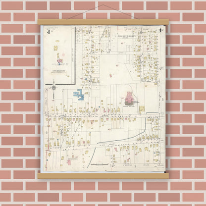Old map wall art mockup — magnetic wood frame on brick wall — Sanborn Fire Insurance Map from Wilmington, Clinton County, Ohio (1949), Sheet #0004