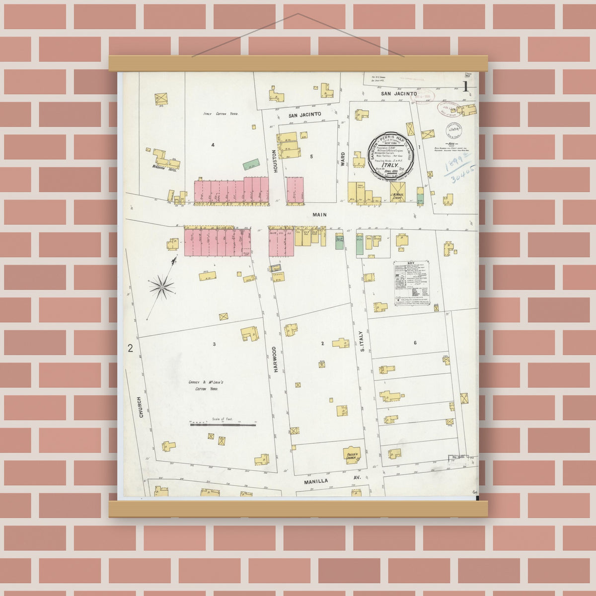Old map wall art mockup — magnetic wood frame on brick wall — Sanborn Fire Insurance Map from Italy, Ellis County, Texas (1899), Sheet #0001