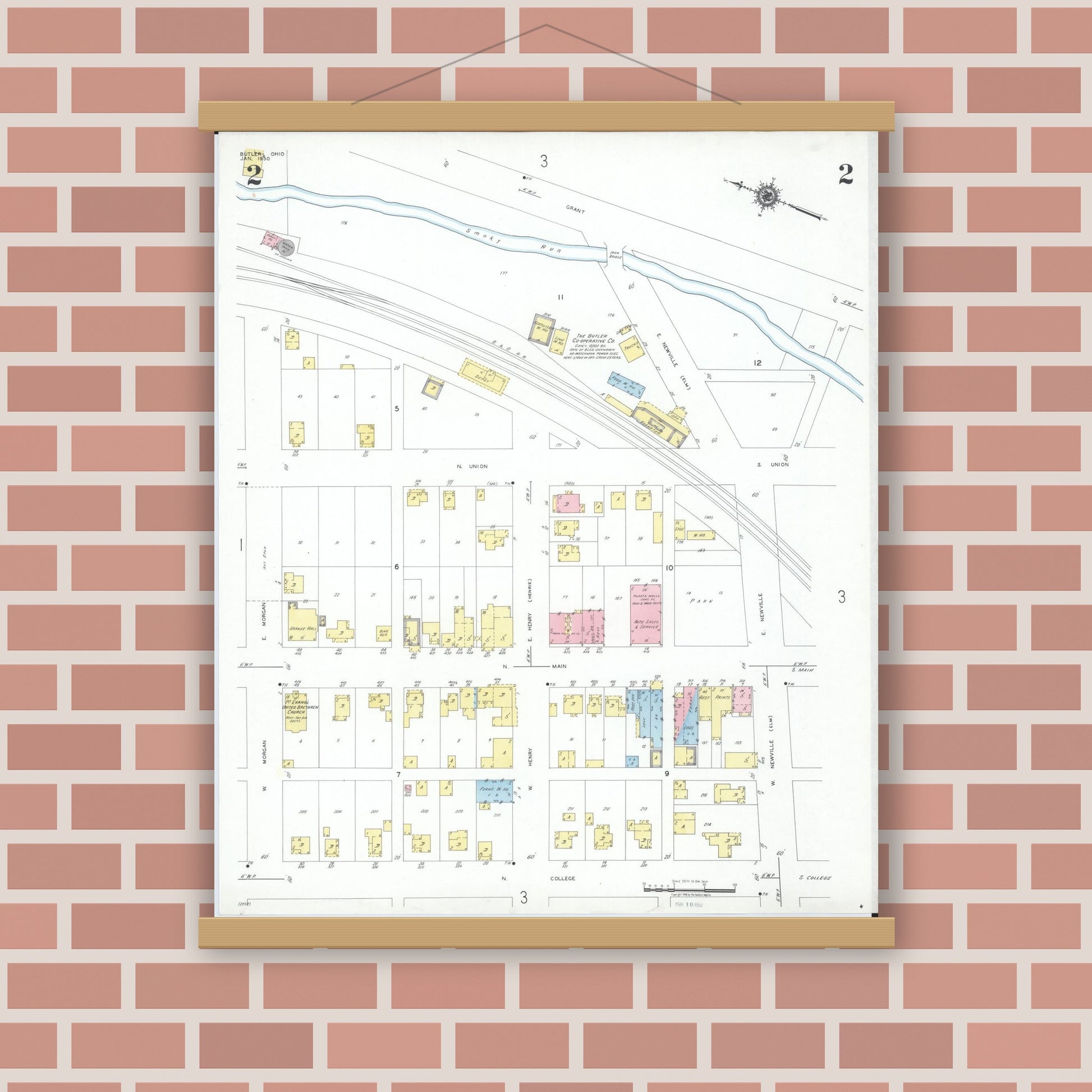 Old map wall art mockup — magnetic wood frame on brick wall — Sanborn Fire Insurance Map from Butler, Richland County, Ohio (1950), Sheet #0002
