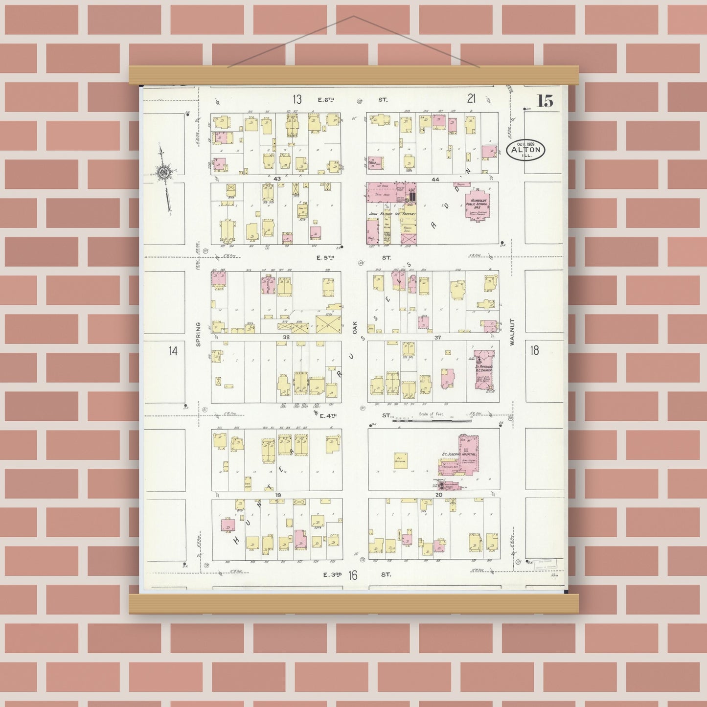 Old map wall art mockup — magnetic wood frame on brick wall — Sanborn Fire Insurance Map from Alton, Madison County, Illinois (1909), Sheet #0015