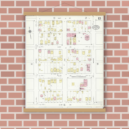 Old map wall art mockup — magnetic wood frame on brick wall — Sanborn Fire Insurance Map from Alton, Madison County, Illinois (1909), Sheet #0015