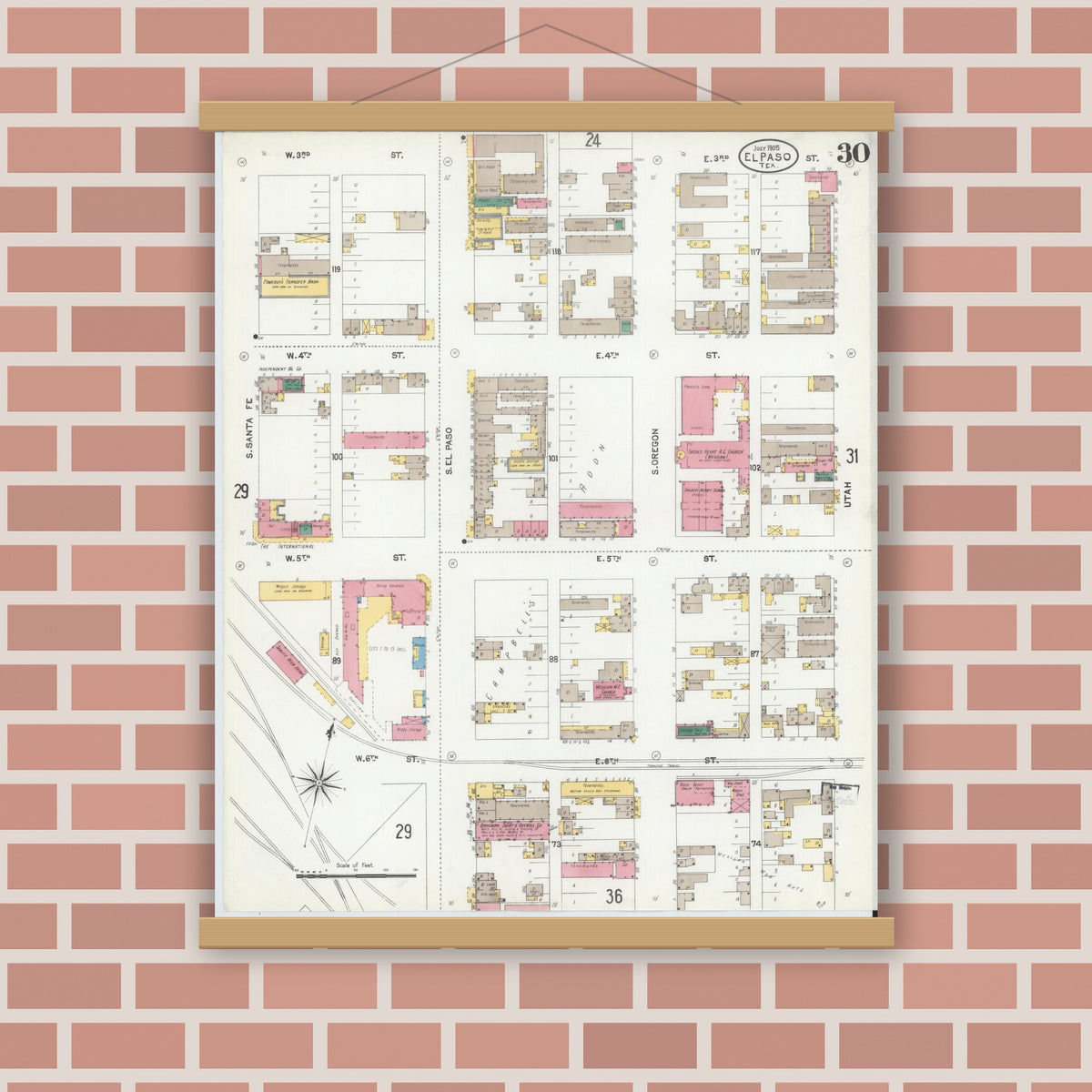 Old map wall art mockup — magnetic wood frame on brick wall — Sanborn Fire Insurance Map from El Paso, El Paso County, Texas (1905), Sheet #0030