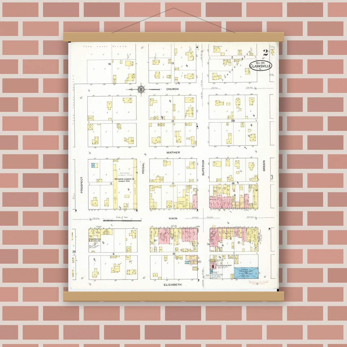 Old map wall art mockup — magnetic wood frame on brick wall — Sanborn Fire Insurance Map from Clarksville, Butler County, Iowa (1915), Sheet #0002