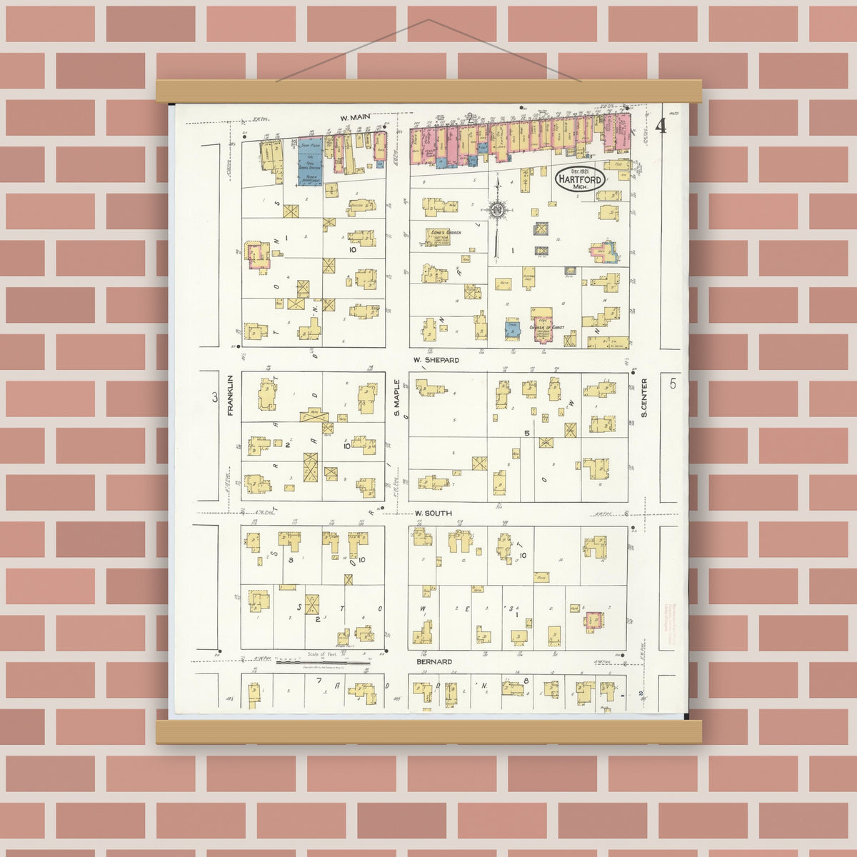Old map wall art mockup — magnetic wood frame on brick wall — Sanborn Fire Insurance Map from Hartford, Van Buren County, Michigan (1921), Sheet #0004