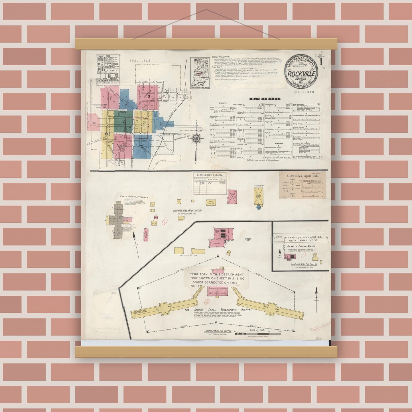 Old map wall art mockup — magnetic wood frame on brick wall — Sanborn Fire Insurance Map from Rockville, Parke County, Indiana (1932) - Complete Map Set
