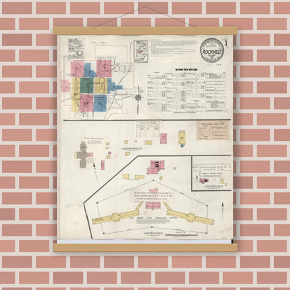 Old map wall art mockup — magnetic wood frame on brick wall — Sanborn Fire Insurance Map from Rockville, Parke County, Indiana (1932) - Complete Map Set
