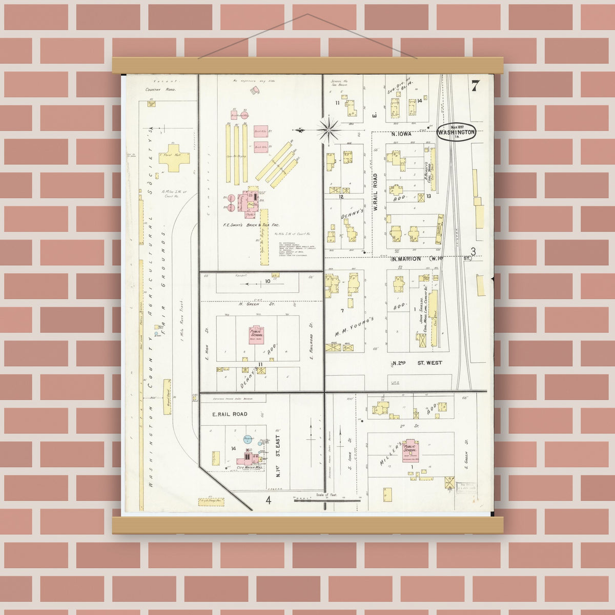 Old map wall art mockup — magnetic wood frame on brick wall — Sanborn Fire Insurance Map from Washington, Washington County, Iowa (1897), Sheet #0007