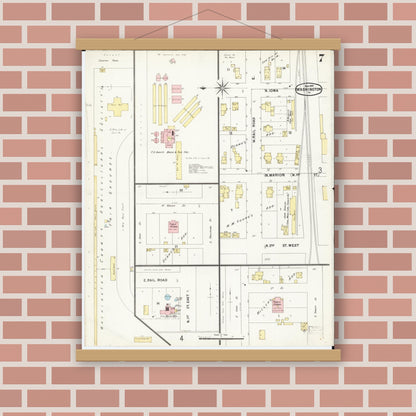 Old map wall art mockup — magnetic wood frame on brick wall — Sanborn Fire Insurance Map from Washington, Washington County, Iowa (1897), Sheet #0007