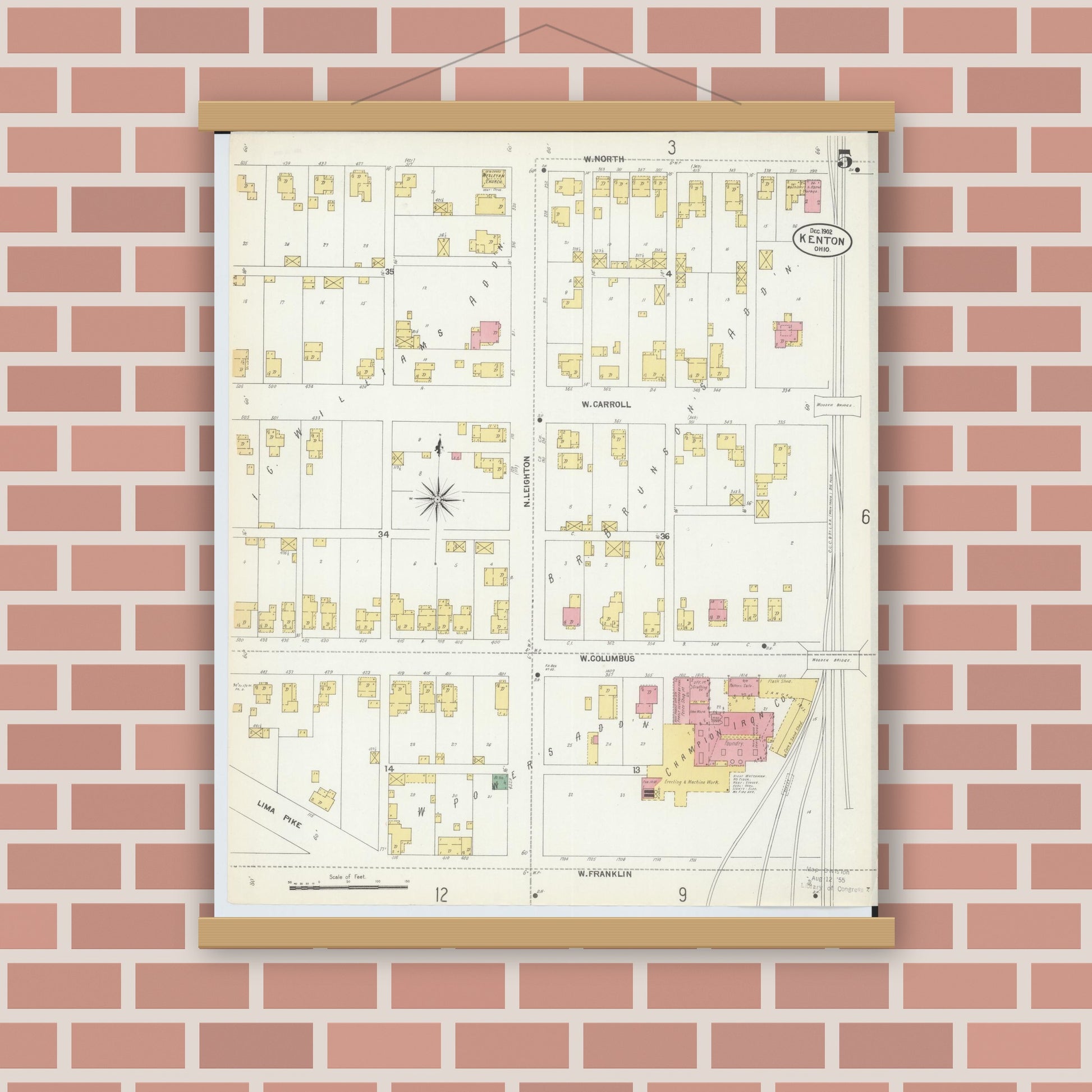 Old map wall art mockup — magnetic wood frame on brick wall — Sanborn Fire Insurance Map from Kenton, Hardin County, Ohio (1902), Sheet #0005